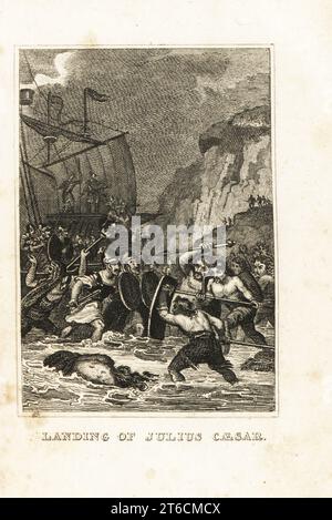 Giulio Cesare e due legioni romane invasero la Britannia a Deal, Kent, 55 a.C. Centurioni romani che combattono i britannici nel surf. Sbarco di Giulio Cesare in Inghilterra. Incisione su lastra di rame da M. A. Jones storia d'Inghilterra da Giulio Cesare a Giorgio IV, G. Virtue, 26 Ivy Lane, Londra, 1836. Foto Stock