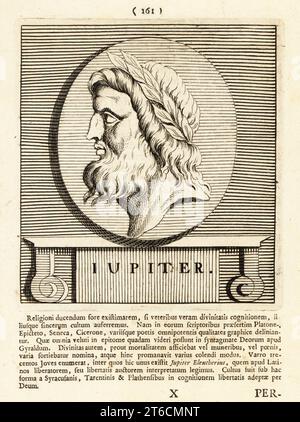 Giove in corona d'alloro, dio Olimpico capo del pantheon romano; dio del cielo, marito di era/Giunone. Zeus nella mitologia greca. Iupiter. Incisione su lastra di rame di Pieter Bodart (1676-1712) da Henricus Spoors Deorum et Heroum, Virorum et Mulierum Illustrium Imagines Antiquae Illustatae, Gods and Heroes, Men and Women, Illustrated with Antique Images, Petrum, Amsterdam, 1715. Pubblicato per la prima volta come Favissæ utriusque antiquitatis tam Romanæ quam Græcæ nel 1707. Henricus Spoor era un medico olandese, studioso classico, poeta e scrittore, fl. 1694-1716. Foto Stock