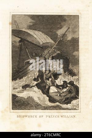 Morte di William Adelin, figlio di re Enrico i d'Inghilterra, dopo che la sua nave bianca colpì rocce nel Canale della Manica vicino a Barfleur nel 1120. William in una barca di salvataggio con la sua sorellastra. Naufragio del principe William. Incisione su lastra di rame da M. A. Jones storia d'Inghilterra da Giulio Cesare a Giorgio IV, G. Virtue, 26 Ivy Lane, Londra, 1836. Foto Stock