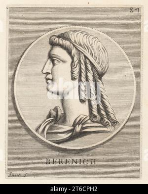 Berenice i, 340-268 a.C. circa, regina d'Egitto per matrimonio con Tolomeo i Soter. Seconda regina, dopo Euridice, della dinastia tolemaica d'Egitto. Indossa i suoi capelli in boccoli sotto un diadema reale di una medaglia di bronzo. Berenice. Incisione su lastra di Etienne Picart su Giovanni Angelo Canini di Iconografia, cioe disegni d'imagini de famosissimi monarchi, regi, filososi, poeti ed oratori dell'Antichita, disegni di immagini di famosi monarchi, re, filosofi, poeti e oratori dell'antichità, Ignatio deLazari, Roma, 1699. Foto Stock