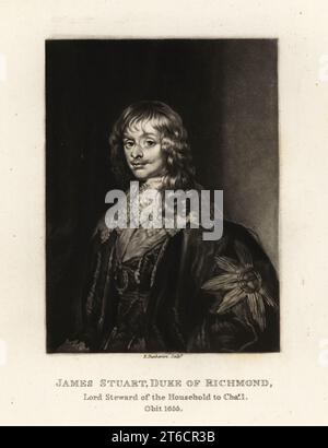 James Stuart, i Duca di Richmond, 1612-1655. Mezzotint incisione di Robert Dunkarton dopo un ritratto completo di Sir Anthony van Dyke di Richard Earlom e i ritratti di personaggi Illustrious in British History incisi in Mezzotinto, pubblicato da S. Woodburn, Londra, 1814. Foto Stock