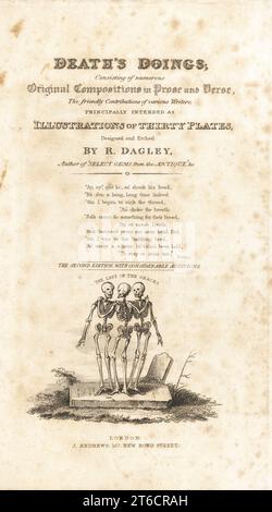 Frontespizio con calligrafia e vignetta di tre scheletri su una lapide, l'ultima delle Grazie. Disegnato e inciso su acciaio da Richard Dagley dalle sue stesse azioni di morte, composto da numerose composizioni originali in versi e prosa, J. Andrews, Londra, 1827. Dagley (1761-1841) è stato un pittore, illustratore e incisore inglese. Foto Stock