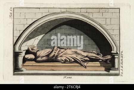 Effigie di un cavaliere normanno in armatura dalla chiesa di Danbury, 13 ° secolo. Monumento in legno intagliato di un uomo in tuta di armatura a catena di coif, huberk e tubo flessibile, con cappotto senza maniche. La sua mano destra raggiunge per la sua spada. Forse un San Clere o Sinclair famiglia Cavaliere Templari. Incisione a mano su copperplate dal quadro storico di Robert von Spalart dei costumi del principale popolo dell'antichità e del Medioevo, Vienna, 1802. Foto Stock