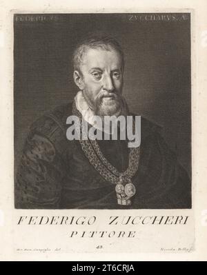 Federico Zuccaro, noto anche come Federigo Zuccari, pittore manierista italiano, 1542-1609. Fratello minore di Taddeo Zuccaro. Ha lavorato a Firenze, Parigi, Anversa e Hampton Court. Indossa catene d'oro e medaglie di San Carlo Borromeo e Filippo II Federigo zuccheri, Pittore. Incisione a placca di Niccolo Billy in onore di Giovanni Domenico Campiglia su un ritratto attribuito al miniaturista fede Galizia dal Museo Florentino di Francesco Moucke, serie di ritratti de pittori stamperia Mouckiana, Firenze, 1752-62. Foto Stock