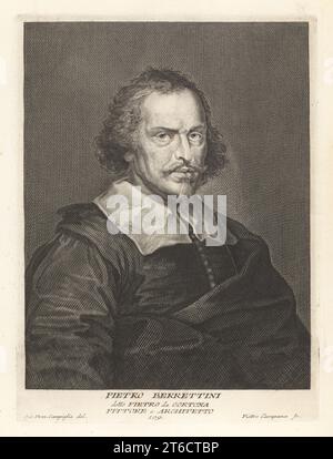 Pietro da Cortona, pittore e architetto barocco italiano, detto Pietro Berrettini, 1596-1669. Dipinto una cappella nella chiesa di Santa Bibiena per Papa Urbano VIII, e il soffitto nel Palazzo Barberini. Pittore e architetto. Incisione in copperplate di Pietro Campana dopo Giovanni Domenico Campiglia dopo un autoritratto dell'artista del Museo Florentino di Francesco Moucke, Serie di Ritratti de Pittori (Serie di ritratti di pittori) stamperia Mouckiana, Firenze, 1752-62. Foto Stock