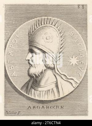 Abgar V, chiamato Ukkama, re di Osroene, con capitale a Edessa (i secolo a.C. - 50 d.C.). Uno dei primi re cristiani nella storia, convertito da Taddeo di Edessa. Abgaro Re. Da una medaglia di bronzo. Incisione su lastra di Guillaume Vallet su Giovanni Angelo Canini di Iconografia, cioe disegni d'imagini de famosissimi monarchi, regi, filososi, poeti ed oratori dell'Antichita, disegni di immagini di famosi monarchi, re, filosofi, poeti e oratori dell'antichità, Ignatio deLazari, Roma, 1699. Foto Stock