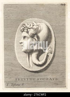 Teeteto di Atene, matematico greco, 417-369 a.C. circa, in maschera con il volto di Socrate, filosofo greco e fondatore della filosofia occidentale, 470399 a.C. circa. Casco o maschera a forma di delfino con testa di uomo dalla barba calva, con coda di pesce o capelli legati con un nastro. Da una gemma di jasper. Teteto e Socrate. Incisione su lastra di Giuseppe Testana su Giovanni Angelo Canini di Iconografia, cioe disegni d'imagini de famosissimi monarchi, regi, filososi, poeti ed oratori dell'Antichita, disegni di immagini di famosi monarchi, re, filosofi, poeti e oratori dell'antichità, Ignati Foto Stock