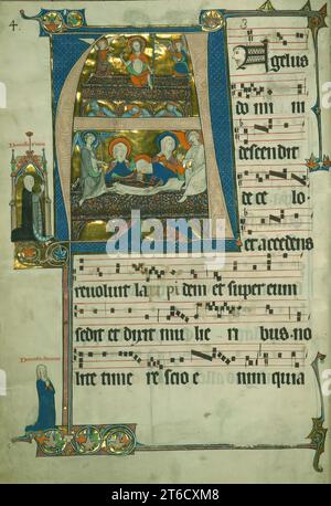 Lettera A, The Beaupr&#xe9; Antifonario (volume i), 1290. Iniziale illuminata raffigurante la Resurrezione: Cristo sale dalla tomba, (in alto); la Vergine Maria e Maria Maddalena trovano il riparo scartato. Una delle diciotto grandi iniziali storiate esistenti, fiorite e decorate iniziali da un manoscritto cistercense riccamente illuminato. Un'abbondanza di divertenti sbavature facilita una narrazione liturgica all'interno del testo. Tuttavia, le aggiunte e le rimozioni all'interno del testo e delle immagini raccontano molto dell'uso e della storia del manoscritto. Il contenuto liturgico di questo volume fornisce impostazioni musicali Foto Stock