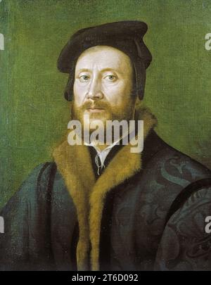 Ritratto di un gentiluomo bolognese in un cappotto rivestito di pelliccia, c1523-1525. A causa dell'abbigliamento, è stato suggerito che l'uomo potrebbe essere della città di Bologna. La delimitazione dei contorni (notare il modo in cui la silhouette dell'uomo si distingue sullo sfondo verde), la cura dei dettagli e l'espressione fissa sono caratteristiche della ritrattistica fiorentina del XVI secolo. Foto Stock