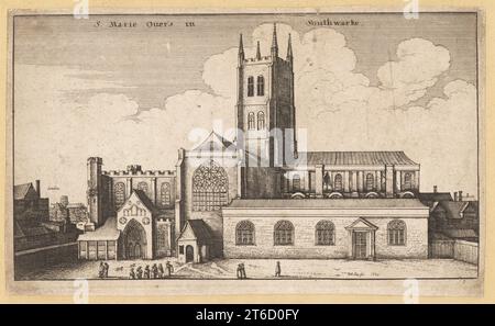 Chiesa di S. Maria Over a Southwarke (ora Cattedrale di Southwark), 1647. La chiesa normanna ricostruita in stile gotico nel 13th secolo. Incisione in copperplate di Wenceslas Hollar, Londra, 1647. Foto Stock