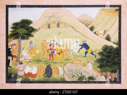 Cattura dei Demoni in Lanka, 1775-1800. Con l'aiuto del suo esercito di scimmie, l'invasione di Lanka da parte di Rama ha successo. Rama e suo fratello Lakshmana sono raffigurati seduti sotto un albero a sinistra, mentre le scimmie portano loro demoni catturati. Il palazzo del re-demone Ravana si erge sulla collina in alto a destra in questa illustrazione dal "Ramayana". Foto Stock