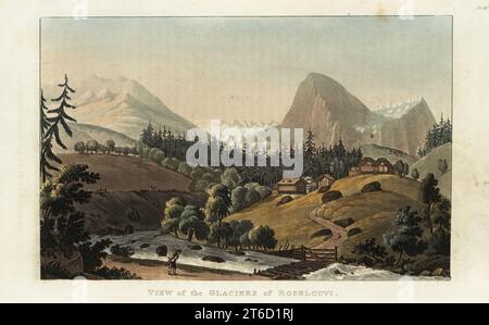 Il ghiacciaio Rosenlaui tra i monti Wellhorn e Wetterhorn nelle Alpi Bernesi, cantone di Berna, Svizzera. Vista dei ghiacciai di Roselouvi. Incisione su lastre di rame colorate a mano di Gabriel Lory di Rudolph Ackermanns Repository of Arts, Literature, Fashions, Manufactures, ecc., Strand, Londra, 1822. Foto Stock