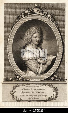 Signora Charlotte Goodall, attrice e comico inglese 1766-1830. Raffigurato in parrucca, fichu e vestito, tenendo una pagina con il titolo come ti piace. Conosciuta per i suoi ruoli comici al Teatro Drury Lane, sposata con il capitano mercantile e l'ammiraglio di Hayti, Thomas Goodall. Incisione su copperplate di W. Hawkins dopo un ritratto di Charles Hayter, pubblicato a Londra, 1789. Foto Stock