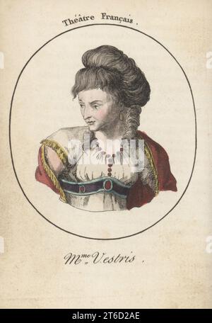 Francoise-Rose Gourgaud o Madame Vestris, attrice francese, 1743-1804. Durante la Rivoluzione francese, si unì alla frazione repubblicana nella Théâtre de la République. Mme Vestris. Thestre Francais. Incisione a pioli a mano dopo Jacques Grasset Saint-Sauveur di Acteurs et Actrices Celebres, famosi attori e Attrici, Chez Latour libraire, Parigi, 1808. Foto Stock