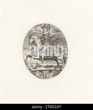 Ritratto ovale di Carlo, principe di Galles, poi re Carlo i d'Inghilterra, 1600-1649. A cavallo, in cappello, colletto a ruffe, doppietta ricamata, pantaloncini, stivali, con la bacchetta. Carolus Princeps. Da un piatto d'argento originale di Simon van de Pass. Incisione su lastra di rame dalla Samuel Woodburns Gallery di ritratti rari costituiti da piastre originali, George Jones, 102 St Martins Lane, Londra, 1816. Foto Stock