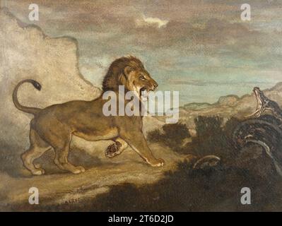 Lion e Python, c1863. In un paesaggio desolato, un leone affronta drammaticamente un serpente. Foto Stock