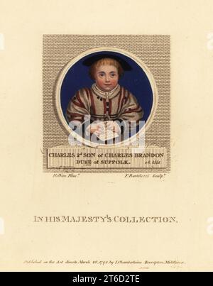 Charles Brandon, III duca di Suffolk, 1537-1551. Morto nell'epidemia di malattia sudorante. Nobile inglese, figlio di Charles Brandon, i duca di Suffolk, e della sua quarta moglie, Catherine Willoughby. Charles, secondo figlio di Charles Brandon, duca di Suffolk, ob. 1551 incisione a capriola a mano di Francesco Bartolozzi dopo un ritratto in miniatura di Hans Holbein il giovane da imitazioni di disegni originali di Hans Holbein, John Chamberlaine, Londra, 1798. Foto Stock