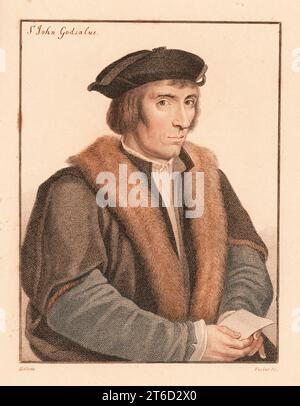 Sir John Godsalvve, politico inglese, cortier di re Enrico VIII, Comtroller della Zecca a re Edoardo VI, morì nel 1557. Sir John Godsalue. Incisione a stiletto in copperplate a mano di George Sigmund Facius dopo un ritratto di Hans Holbein il giovane stampato su carta rosa da imitazioni di disegni originali di Hans Holbein, John Chamberlaine, Londra, 1812. Foto Stock