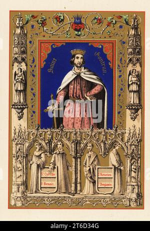 Ritratto di San Guntramno, San Contrano, Re d'Orleans, con corona e spada. Vignette di San Cirillo, San Benedetto, San Vittoriano di Asan e San Beniamino. Chromolithograph from Legende Celeste, nouvelle histoire de la vie des Saints, Celestial Legend, Lives of the Saints, Paul Mellier, Parigi, 1845. Cromolitografia di Jules Desportes, professore di litografia presso l'Institut Royal des Sourds-Muets. Foto Stock