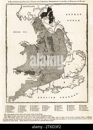 La mappa mostra la posizione geologica e la distribuzione commerciale del carbone di Inghilterra e Galles. Woodblock incisione da Penny Magazine, della società per la diffusione di conoscenze utili, stampato da William Clowes, Lambeth, 1833. Foto Stock