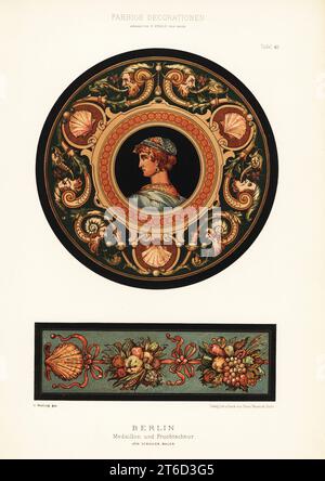 Pannelli murali di medaglione e ghirlanda di frutti dipinti da Ernst Johannes Schaller, Berlino, Germania. Medallion und Fruchtschnur, Berlino. Joh. Schaller Maler. Chromolithograph di G. Wehling da Ernst Ewalds Farbige decorationen, Alter und Never Zeit (decorazione a colori, epoche antiche e nuove), Ernst Wasmuth, Berlino, 1889. Foto Stock