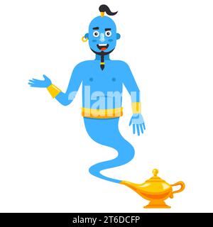 blue magic genie dalla lampada. illustrazione del vettore piatto. Illustrazione Vettoriale