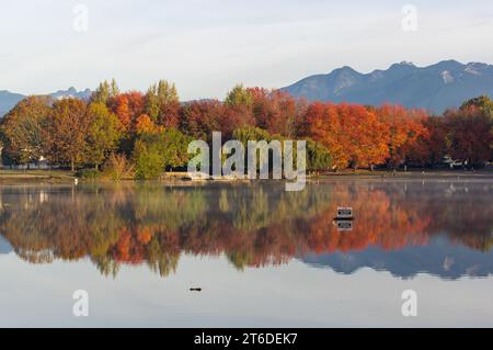 Autunno alberi e cespugli colorati con uno sfondo di montagna riflesso nel lago Trout a Vancouver, British Columbia, Canada Foto Stock