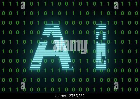 Codice binario su sfondo nero con intelligenza artificiale ai. Immagine di illustrazione 3D. Foto Stock