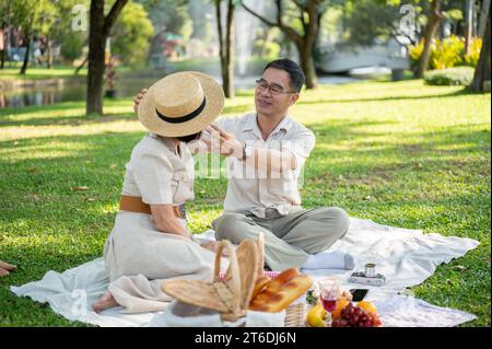 Un adorabile marito asiatico anziano indossa un cappello a sua moglie mentre si sta godendo un picnic nel parco verde insieme. Matrimonio felice, coppia anziana, fa felice Foto Stock