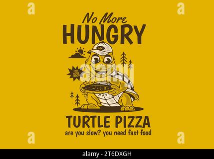 Turtle pizza, basta fame. Illustrazione del personaggio di una mascotte di una tartaruga che tiene una pizza Illustrazione Vettoriale