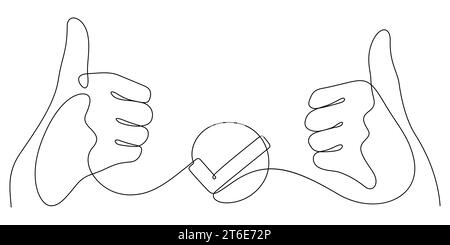 pollice in alto nel disegno a linee continuo con segno di spunta illustrazione a linee sottili stile minimalismo Illustrazione Vettoriale