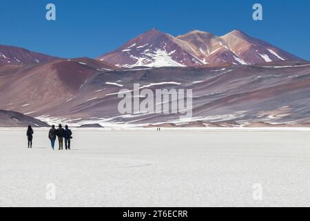 Turisti che camminano sul ghiaccio del lago ghiacciato, Laguna Miscanti, nelle Ande, nel Cile settentrionale. Montagne multicolori si affacciano sulla laguna. Foto Stock