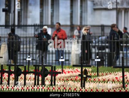 Londra, Regno Unito. 9 novembre 2023. I membri del pubblico discutono sul campo della memoria e scattano alcune foto. È il 95° campo della memoria dell'abbazia di Westminster. Il Field of Remembrance si tiene nei terreni dell'Abbazia di Westminster dal novembre 1928, per commemorare coloro che hanno perso la vita prestando servizio nelle forze armate. Credito: SOPA Images Limited/Alamy Live News Foto Stock