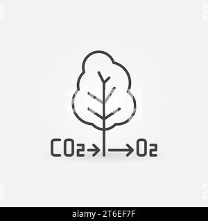 Icona o simbolo del ciclo del carbonio vettoriale ossigeno CO2 albero O2 in stile linea sottile Illustrazione Vettoriale