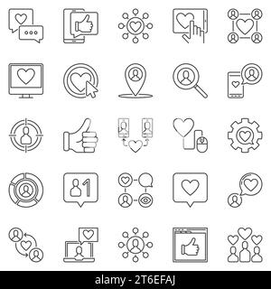 Set di icone di profilo dei social media - simboli lineari per la comunicazione vettoriale, la revisione e il feedback. I social network firmano Illustrazione Vettoriale