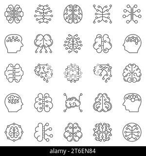 Insieme di icone delineate per le connessioni del cervello umano. Insieme di simboli vettoriali delle linee di sinapsi e dei neuroni Illustrazione Vettoriale