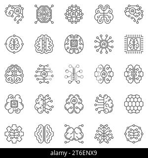 Set di icone di contorno del cervello digitale AI - simboli lineari del concetto di intelligenza artificiale vettoriale o elementi di progettazione Illustrazione Vettoriale