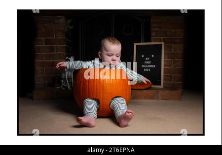 30102023 - Alwyn Mills viene aggredito in una zucca per celebrare il suo primo Halloween. Foto di Andrew Parsons / Parsons Media Foto Stock