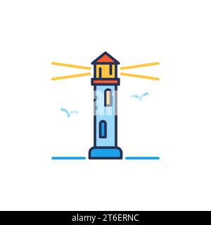 Faro con concetto vettoriale dei gabbiani icona colorata semplice o elemento di design Illustrazione Vettoriale
