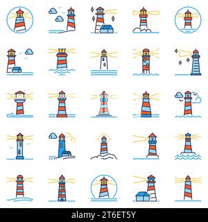 Set di icone colorate per fari - segnaletica vettoriale per fari o elementi di design Illustrazione Vettoriale
