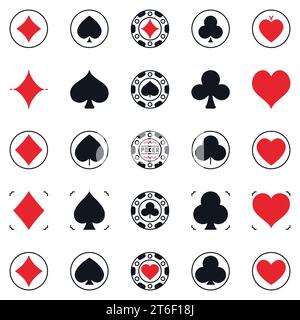 La carta da gioco si adatta a icone solide moderne - simboli creativi di Diamanti, picche, Club e cuori Illustrazione Vettoriale
