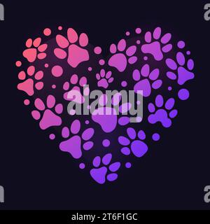 Impronta animale cuore colorato. Vector Dog Paw stampa il concetto a forma di cuore illustrazioni moderne Illustrazione Vettoriale