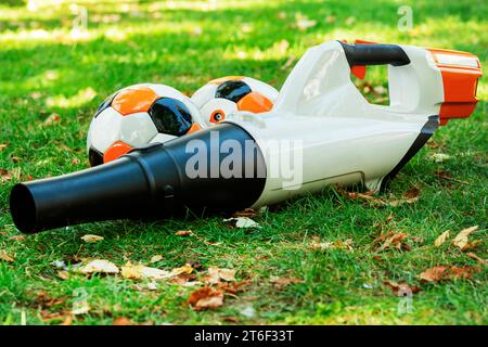 Soffiatore di foglie a terra. Dispositivo per la pulizia delle foglie cadute in autunno. Caduta delle foglie. Aspirapolvere da giardino su un prato con foglie gialle. Foto Stock