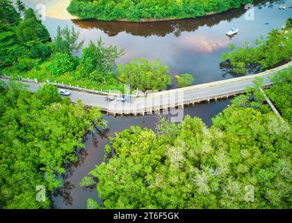 Foto di una strada pubblica che passa tra le paludi costiere di Port Launay, mangrovie, una delle migliori paludi di mangrovie dell'isola di Mahé Foto Stock