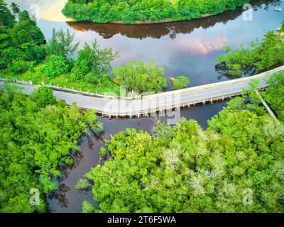 Foto di una strada pubblica che passa tra le paludi costiere di Port Launay, mangrovie, una delle migliori paludi di mangrovie dell'isola di Mahé Foto Stock