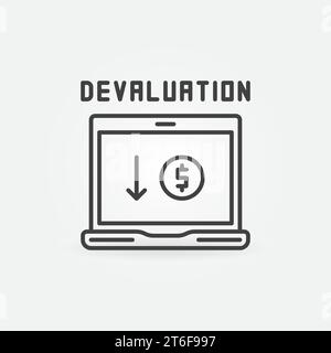 Notebook con simbolo o icona a linea sottile con concetto di svalutazione vettoriale con moneta da dollaro e freccia Illustrazione Vettoriale