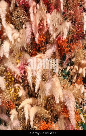 Corona di piume decorativa da vicino con colori autunnali in mostra nel negozio. Primo piano creativo arredamento moderno dell'albero di Natale. Striscione esotico per il nuovo anno Foto Stock