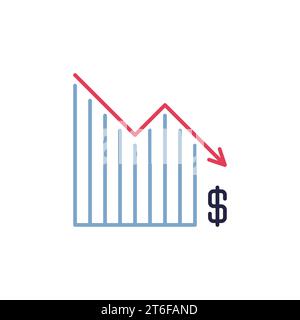 Icona o segno colorato del concetto di crisi finanziaria e svalutazione vettoriale del grafico in caduta di dollaro Illustrazione Vettoriale