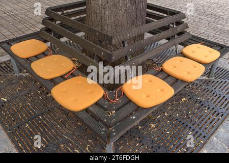 Cuscini gialli dei sedili su una panca del parco, Norimberga, Franconia media, Baviera, Germania Foto Stock