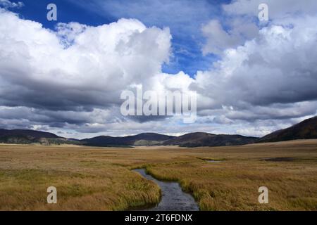 spettacolari nuvole sul prato di montagna e un torrente nella riserva nazionale della caldera di valles, vicino a los alamos, nuovo messico Foto Stock